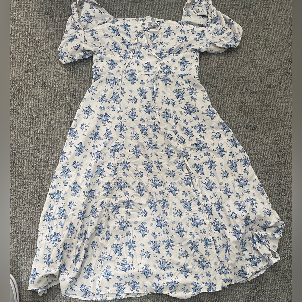 Blue Floral Boat Neck Midi Dress